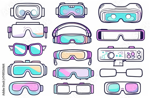 Set Virtual reality. Seamless background, wallpaper, texture, backdrop pattern. Set of doodle cartoon icons geek, nerd, gamer. Template for packing, printing, cards, invitation, web design