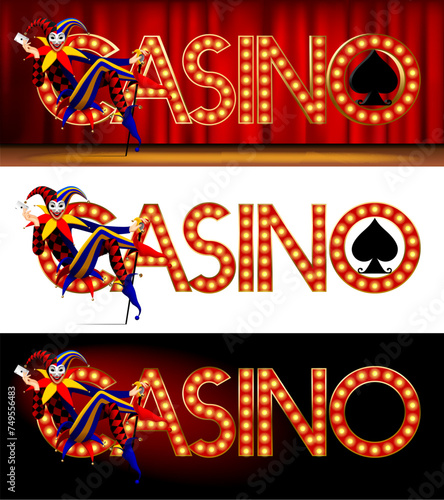 Set of banners with the lighting inscription of the word casino and seated Joker with a playing card in his hands against the red curtain, white and black  background. Vector illustration in 3D style © Raman Maisei