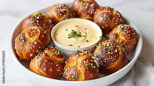 Gourmet pretzel bites with cheese dip photo
