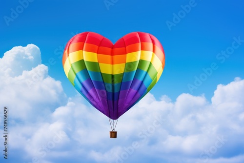 Colorful hot air balloon in the shape of a heart flying in the blue sky. LGBT Concept with Copy Space. Pride Month Concept. LGBT Concept with Copy Space. Pride Month Concept.
