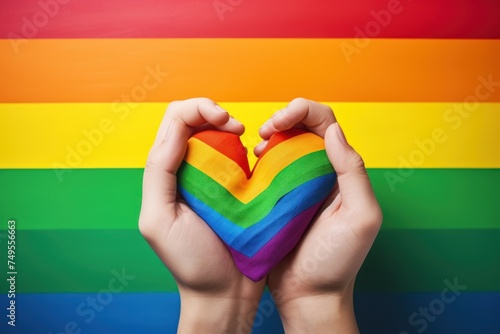 Hands holding heart shaped LGBT flag on rainbow background, closeup. LGBT Concept with Copy Space. Pride Month Concept.