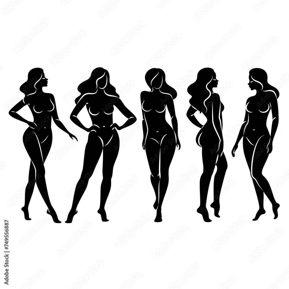 Silhouette of a nice lady, she is standing. The girl has a beautiful naked figure. The woman is a young sexy and slender model. Vector illustration.