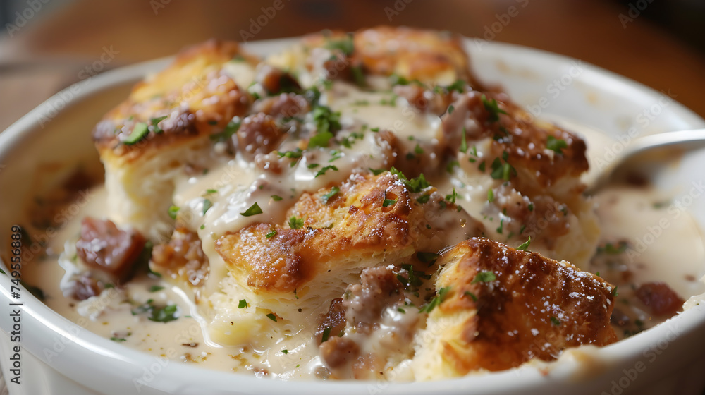 Savory biscuits and gravy dish close-up Savory biscuits and gravy dish close-up