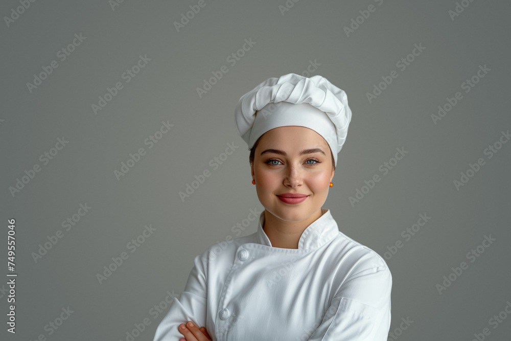 portrait of a beautiful female chef in a white uniform on a gray background portrait of a beautiful female chef in a white uniform on a gray background