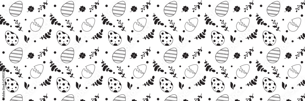 Easter eggs horizontal seamless pattern. Easter seamless border. Easter decoration with easter eggs. Hand drawn easter bunnies background,  Vector illustration. EPS 10
