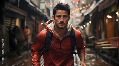 A dynamic shot of a Japanese male model running through a busy city street, captured by a handheld HD camera, showcasing his athletic physique and fashion-forward outfit