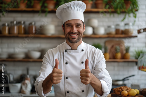 Portrait of a smiling male chef showing thumbs up in the kitchen photo