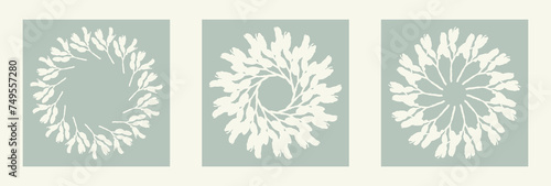 Handmade linocut organic vector wreath set in whimsical scandi style. Folkart natural woodland frame with woodcut effect for digital monochrome collection. 