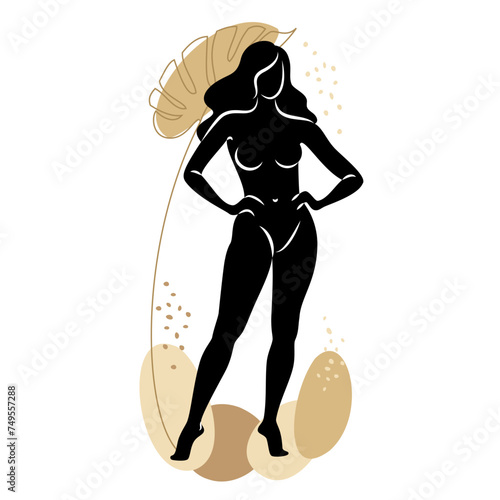 Silhouette of a cute lady and leaves of a plant. The girl is standing. The woman has a beautiful naked figure. She is young and slim. Vector illustration.