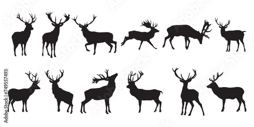 set of black deer animals silhouettes of wild deer's, vector, male, female and roe deer
