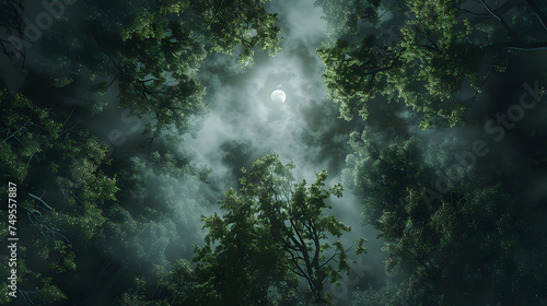 photo of a moonlit forest, view from top looking down sparse undergrowth