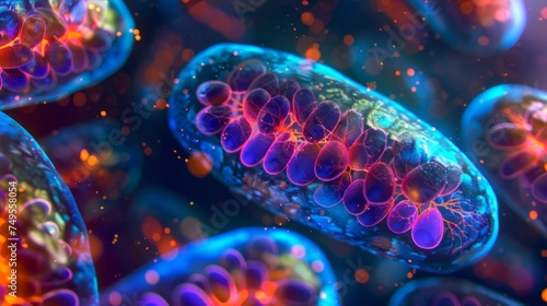 Vivid 3D illustration of mitochondria within a cell, symbolizing cellular energy and biology. Conceptual representation for health, medicine, and scientific education. photo