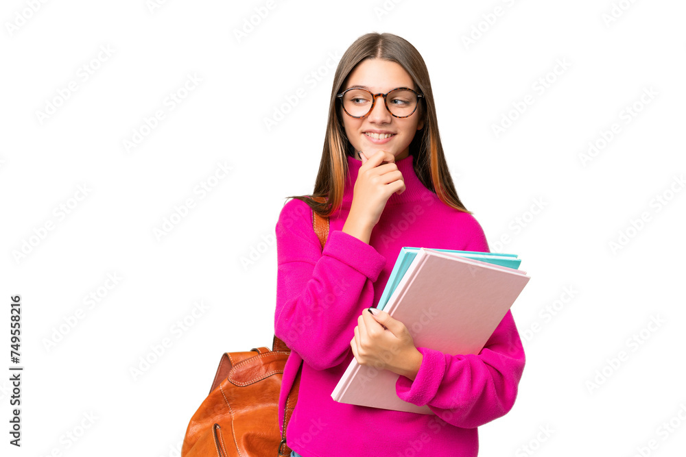 Teenager student caucasian girl over isolated background looking to the side and smiling Teenager student caucasian girl over isolated background looking to the side and smiling