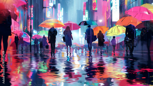  City street during a downpour, pedestrians with colorful umbrellas, reflections of neon signs in puddles. Generative AI