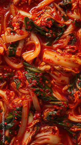 Close-up of vibrant kimchi texture and spices - Macro shot emphasizing the vibrant red hue and intricate texture of seasoned  fermented kimchi