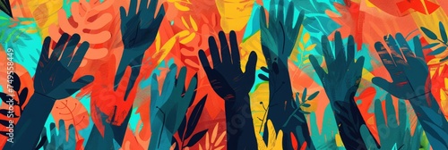 Colorful raised hands in artistic pattern - An abstract pattern of vibrant raised hands symbolizes unity, diversity, and community support