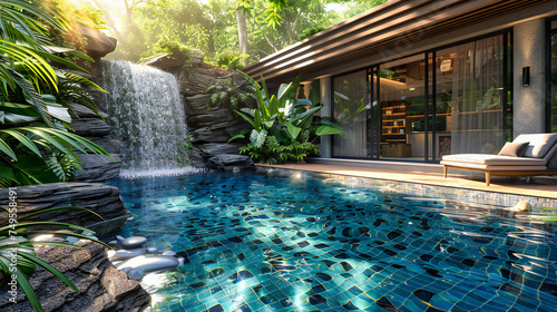Exotic Retreat: Modern Balinese Villa with Blue Pool, Palm Trees, and Relaxing Outdoor Space © NURA ALAM