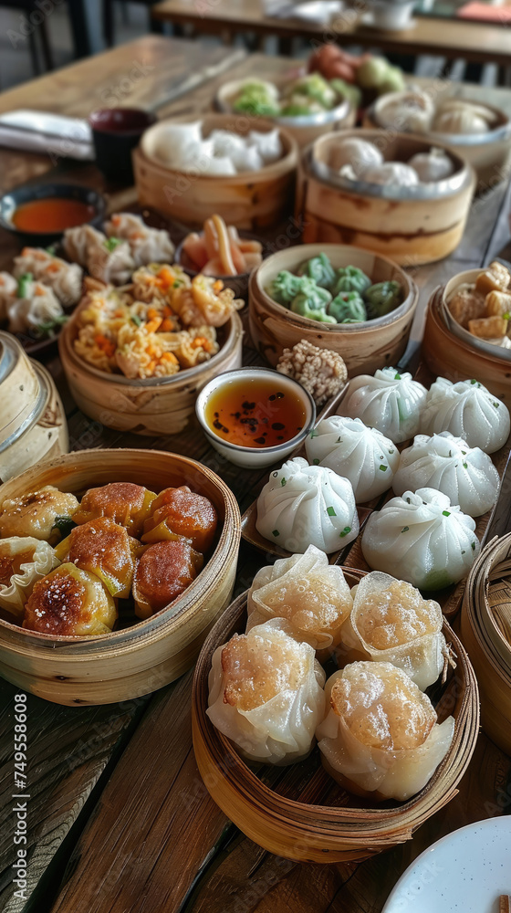 Dim sum feast on a rustic wooden table - The table is adorned with a colorful and diverse selection of dim sum in bamboo steamers, showcasing the variety of traditional Chinese bites Dim sum feast on a rustic wooden table - The table is adorned with a colorful and diverse selection of dim sum in bamboo steamers, showcasing the variety of traditional Chinese bites