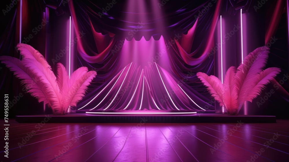 Elegant stage with purple feather decorations - An impressive stage setup featuring grand purple feather arrangements and theatrical curtains - obrazy, fototapety, plakaty 