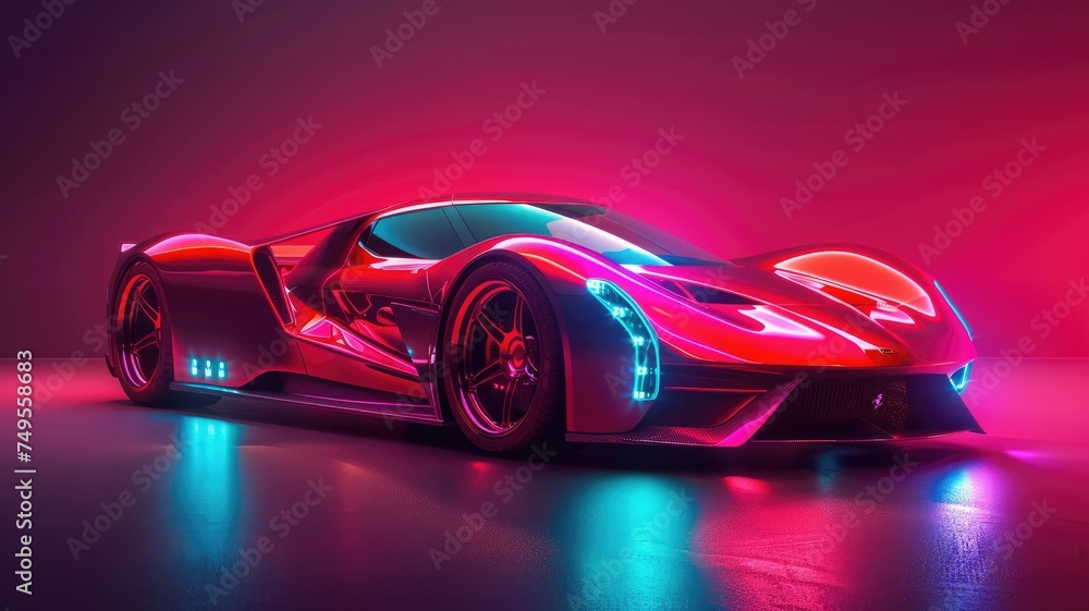 Futuristic red sports car in neon lights - A modern red sports car with sleek design and futuristic neon lighting against a vivid backdrop