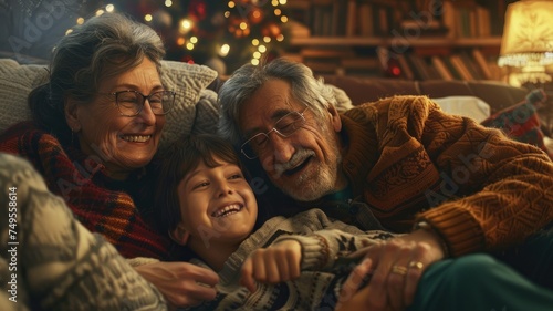 Elderly couple with grandchild - Senior grandparents and young boy smiling, enjoying a cozy Christmas atmosphere