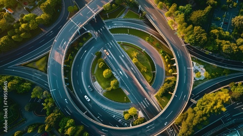 Expansive aerial view of a roundabout and connecting roads - An expansive view from above capturing the circular flow of traffic around a roundabout amid a network of connecting roads