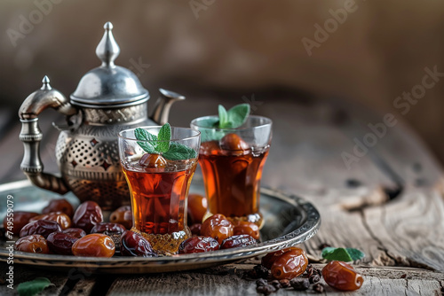 Traditional arabic tea set and dried dates 