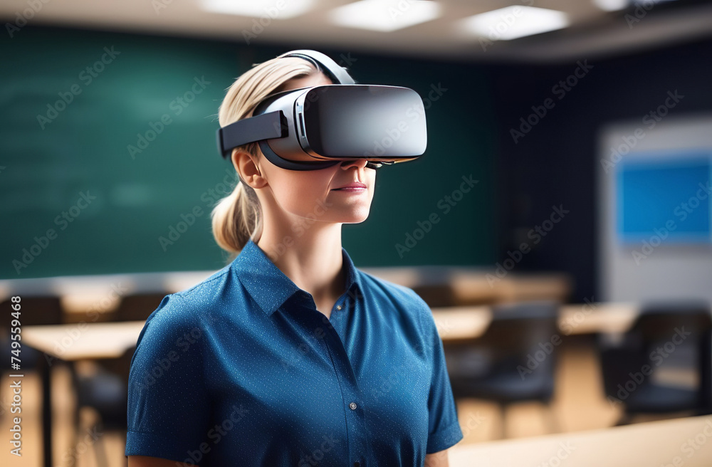 Caucasian woman teacher with virtual reality. VR headset glasses device. blackboard background. school and education concept Caucasian woman teacher with virtual reality. VR headset glasses device. blackboard background. school and education concept