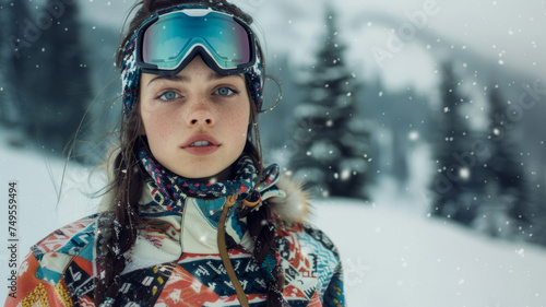 A woman wearing a colorful jacket and goggles is standing in the snow