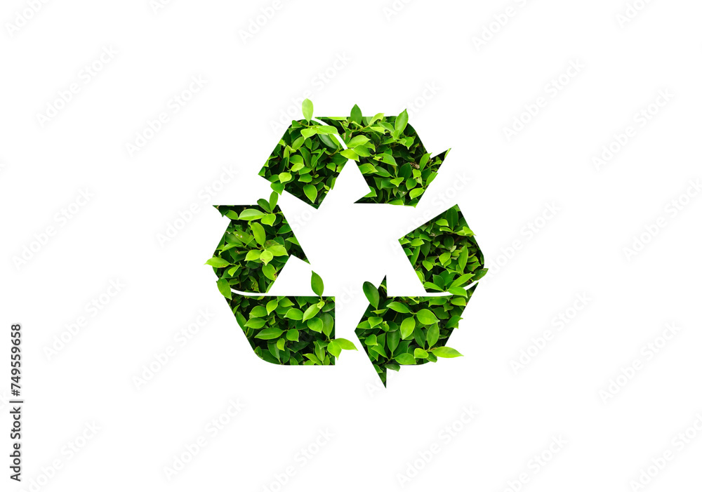 Symbol of waste recycling with green leaves isolated on white background with clipping path.