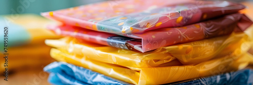 Closeup of a bundle of colorful beeswax wraps, a sustainable alternative to singleuse plastic wrap for storing food.