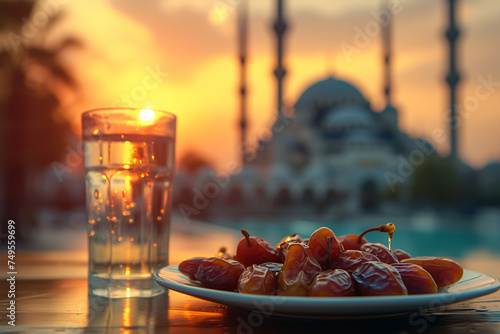 Plate of dates and glass of water on a table sunset 