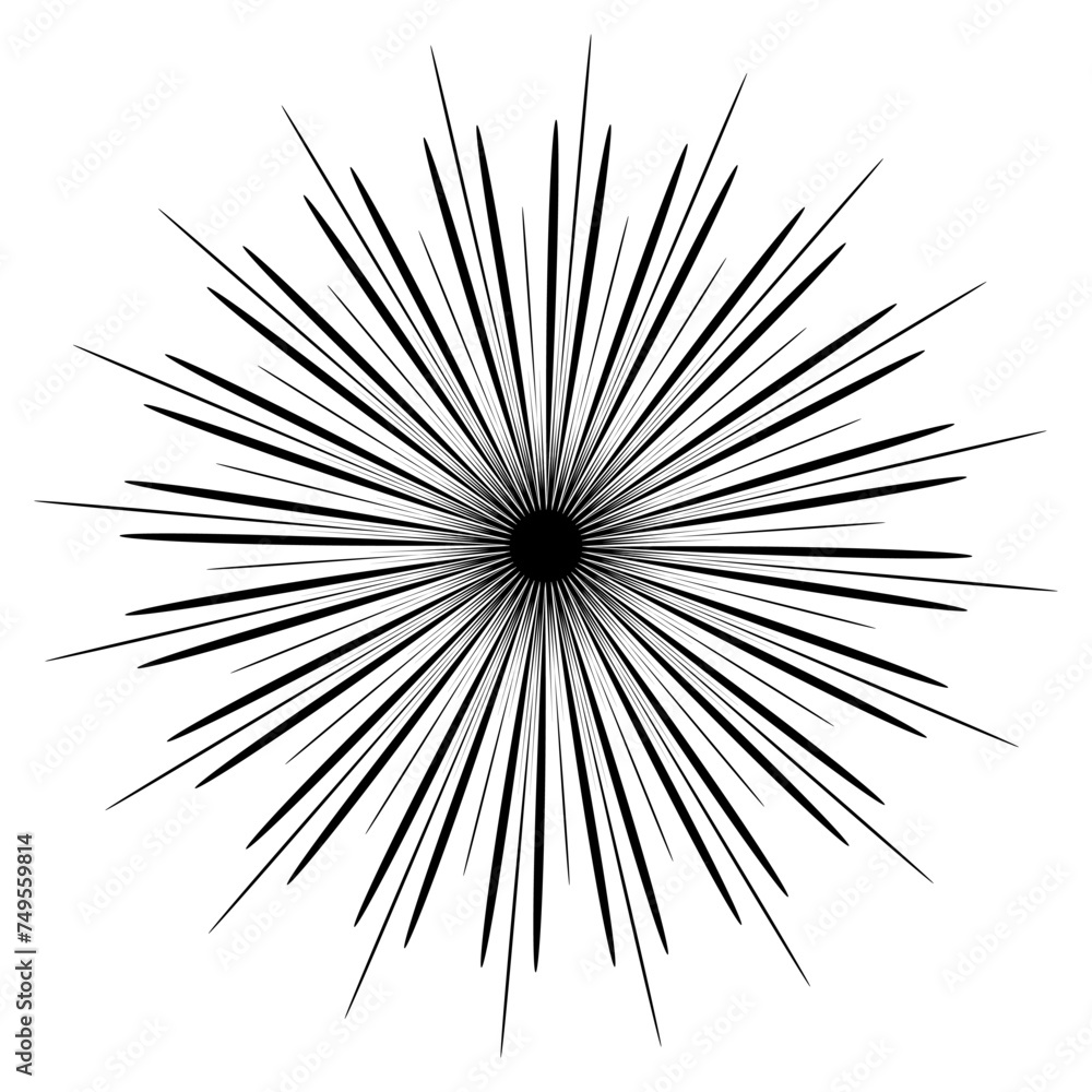 Obraz premium Vibrant black and white vector radial lines, starburst, comic book element, graphic design wish star rays isolated on white.