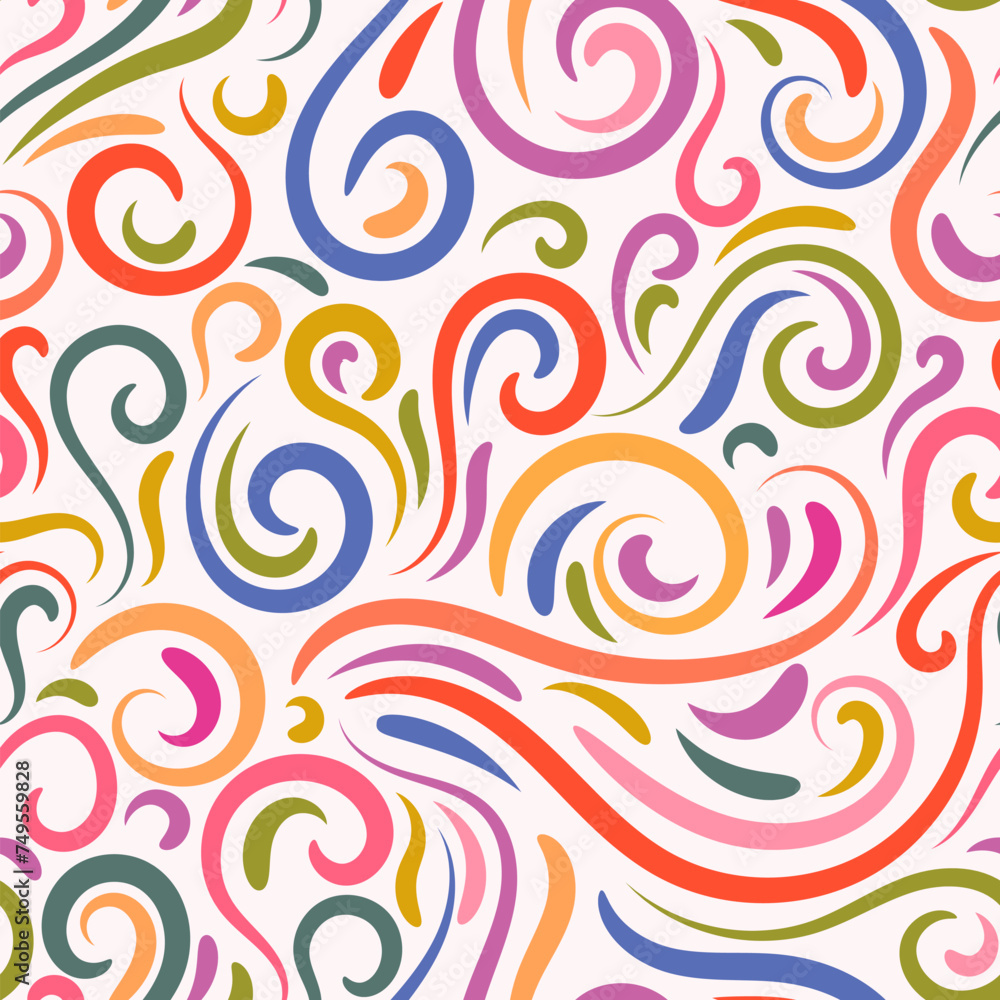 Colorful abstract hand drawn doodle thin line wavy seamless pattern with curly lines, swirls, twists. Curly linear sky or sea messy background.