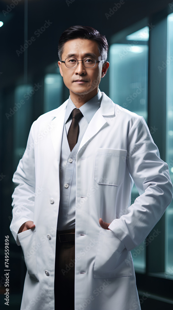 Fototapeta premium Portrait of asian male confidant scientist in white coat standing with arms crossed. Generative AI