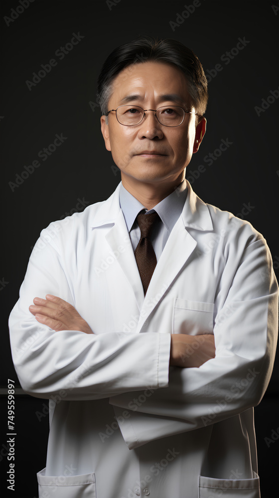 Portrait of asian male confidant scientist in white coat standing with arms crossed. Generative AI Portrait of asian male confidant scientist in white coat standing with arms crossed. Generative AI