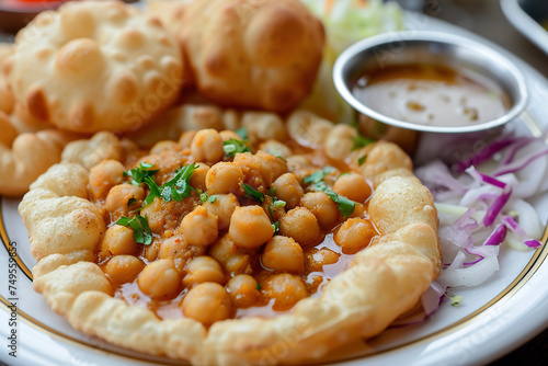 A plate of chole bhature, a vegetarian dish from the Punjab region of the Indian subcontinent.  photo