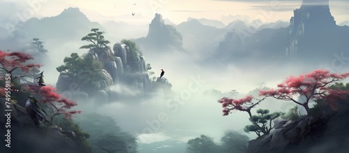 illustration of a foggy morning view in a mountain valley with various kinds of beautiful trees and beautiful birds photo