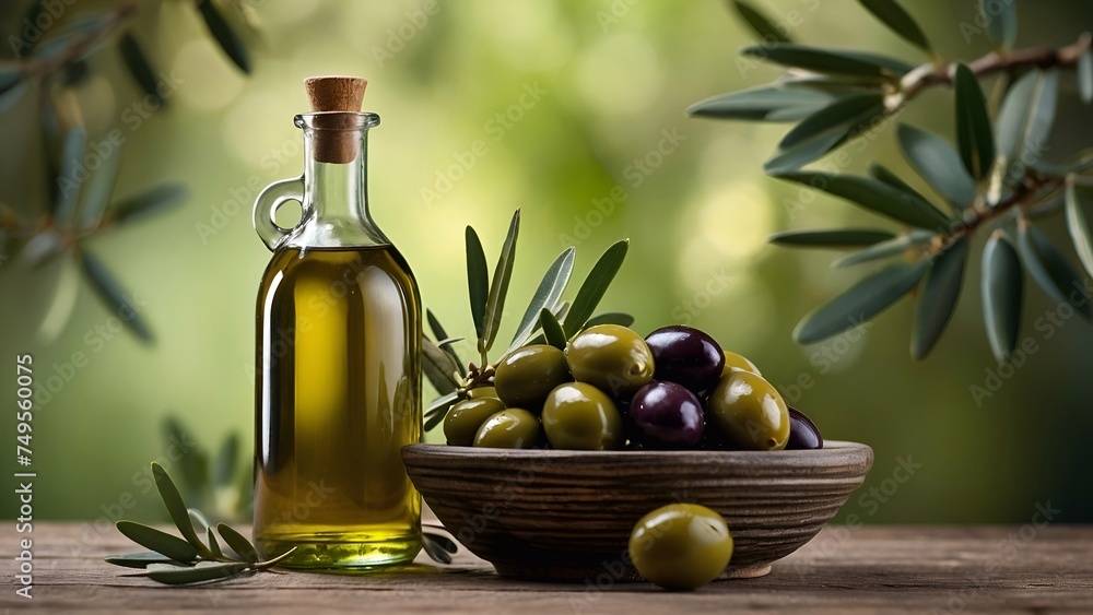 Bottle of oil and olives in a bowl on wooden table Bottle of oil and olives in a bowl on wooden table