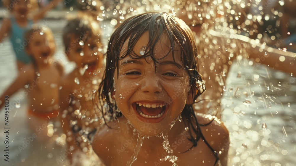 A happy child playing in the water during summer vacation. A happy child playing in the water during summer vacation.