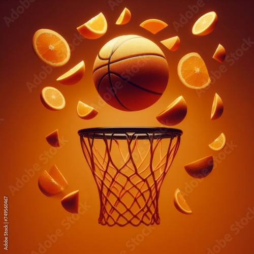 Basketball and red hair on an orange background, the concept of fashionable hair color. © Sanja