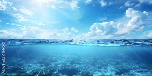 Tranquil ocean with clear sky seen from below waters surface blurred backgroundcopy space solid background. Concept Underwater, Ocean View, Clear Sky, Tranquil, Copy Space photo