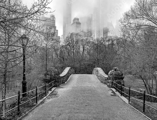 Gapstow Bridge in Central Park, foggy morning photo