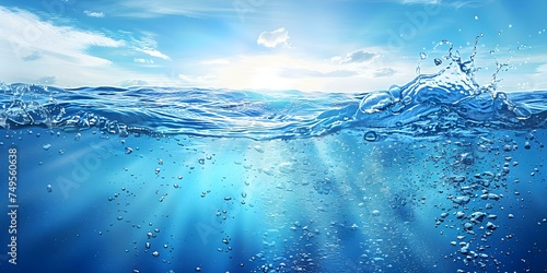 Blurred background of tranquil ocean with clear sky seen from below water's surface, with copy space on solid background. Concept Underwater Photography, Tranquil Ocean, Clear Sky, Copy Space photo