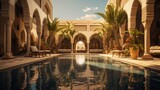 Courtyard house, reflecting the distinctive architecture of North Africa with a central fountain, surrounded by arched doorways.