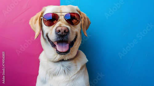 Cool dog with sunglasses on colorful wall background. Space for text, Generative AI