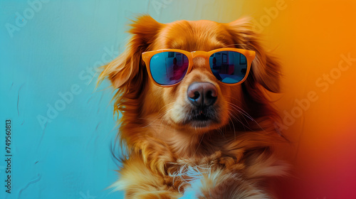 Cool dog with sunglasses on colorful wall background. Space for text, Generative AI © Viktoriia