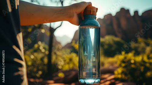 A person holding a reusable water bottle, embracing the eco-friendly habit of staying hydrated while reducing single-use plastic waste. Concept of sustainable hydration.  photo