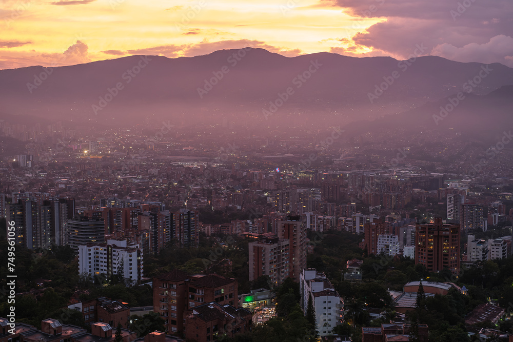 A beautiful sunset over Medellin, Colombia with distant mountains