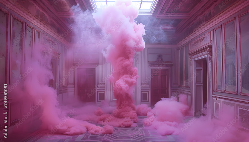 Fototapeta premium The building was filled with a purple haze of pink smoke billowing from the ceiling, creating a mystical and artistic atmosphere